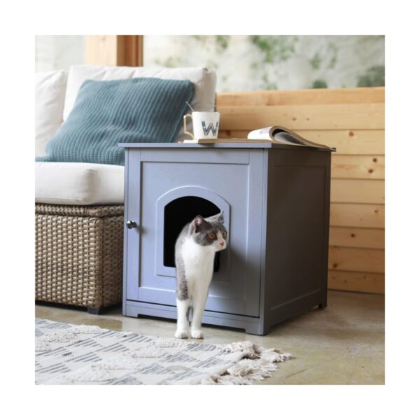 zoovilla Kitty Litter Loo Indoor Hidden Litter Box Enclosure Furniture, Litter Box Cabinet with Framed Panels and Arched Doorways, Gray