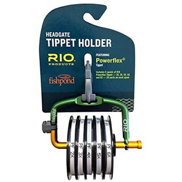 Rio Fly Fishing Metal Spring Loaded Headgate 7 Tippet Spool Dispenser with Line Cutter and 5 Pre-Loaded 2X, 3X, 4X, 5X, and 6X Nylon Powerflex Spools