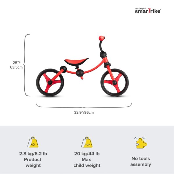 smarTrike Lightweight & Adjustable Kids Walking Running Balance 2 in 1 Learning Stages Training Bike w/ Puncture Free EVA Wheels for Ages 2 to 5, Red