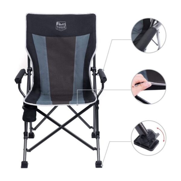 Timber Ridge Indoor Outdoor Portable Lightweight Folding Camping High Back Lounge Chair w/ Cup Holder & Carry Bag for Hiking, Beach, and Patio, Black