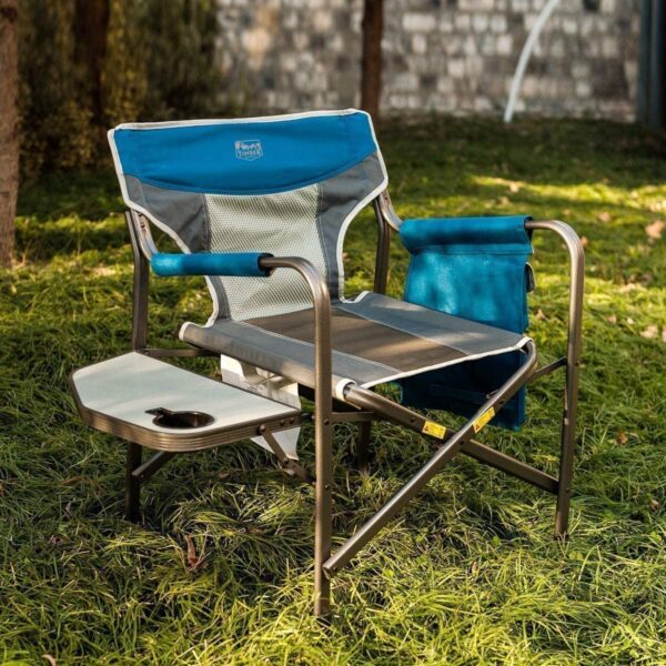 Timber Ridge Portable Lightweight Aluminum Frame Folding Camping Directors Chair with Side Table & Cupholder, Blue/Black/Gray
