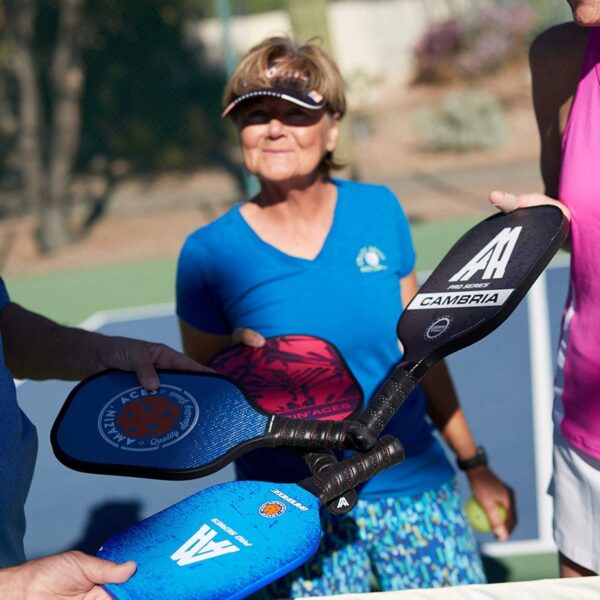 Amazin Aces Classic Pickleball Set with 2 Graphite Face Paddles, 4 Balls, and Carry Bag, Blue & Pink