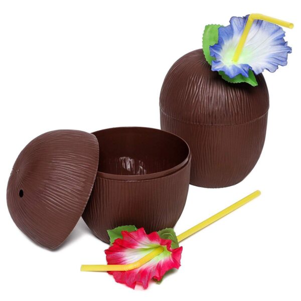 12-Pack Juvale Coconut Cups with Straws & Hawaiian Hibiscus Flower Decorate, 16oz Food Grade PVC Cup, Ideal for Tropical Luau Party Supplies