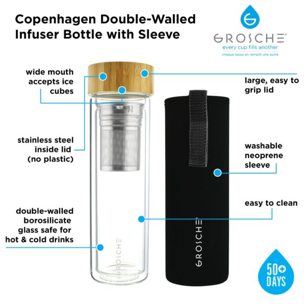 GROSCHE COPENHAGEN Double Walled Glass Tea Infuser Water Bottle, Insulated Bottle with Protective Sleeve, 14.3 fl oz. Capacity