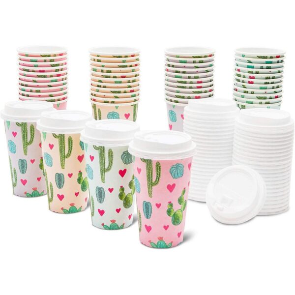 48-Pack Cactus Insulated Disposable Coffee Cups with Lids, 16oz Paper Hot Cup to Go for Baby Shower, Birthday, Bridal Party