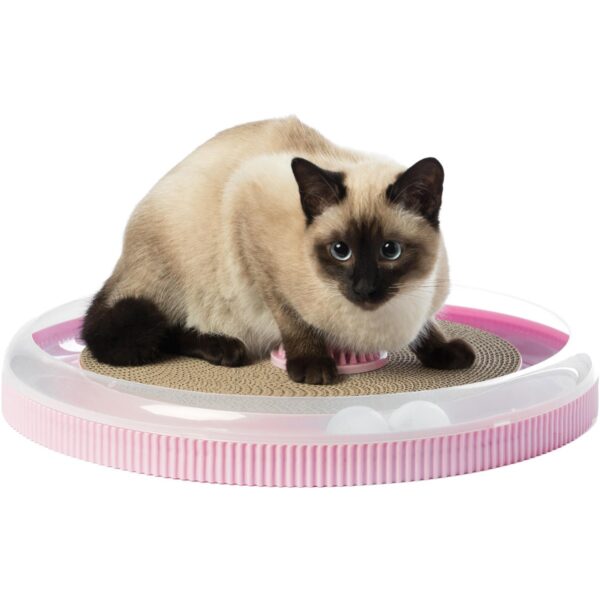 PawsMark Pink 4 in 1 Interactive Round Cat Scratcher, Lounge, Toy and Brush