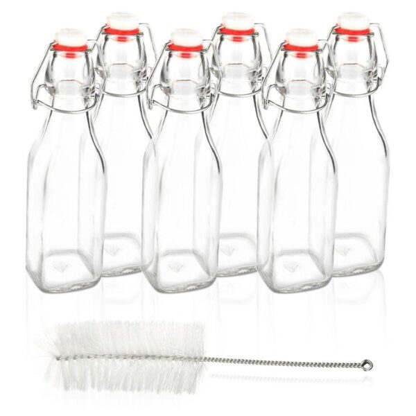 6 Swing Top Glass Bottles w/ Cleaning Brush For Kombucha Beer Brewing Clear 8 oz