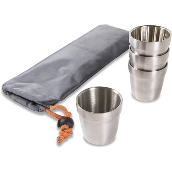 nCamp Basic 6 Ounce Stainless Steel Stackable Cups Camping Set and Carry Bag (4 Pack) Bundle with Outdoor Camping Espresso Style Café Coffee Maker