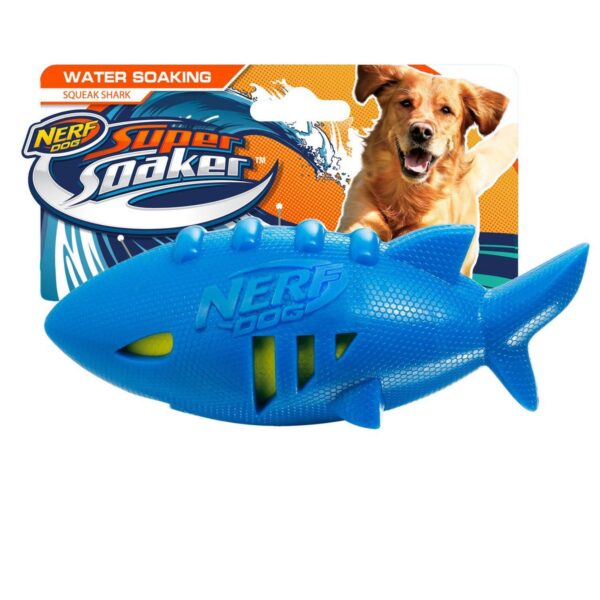 NERF Shark Super Soaker Football Dog Toy - Blue/Green - 7"
