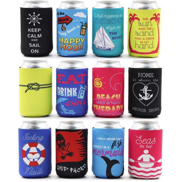 Blue Panda 12-Pack Nautical Beach Theme Can Cooler Sleeves, 12 oz Insulated Beer Koozies Holder, 12 Assorted Designs Quickly Identify Your Can