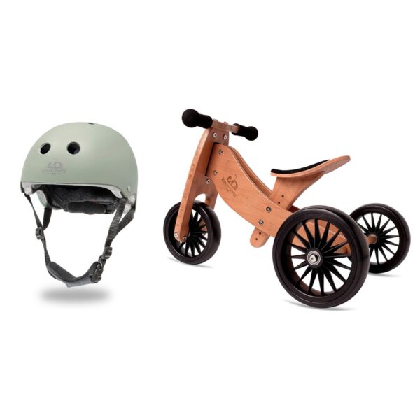 Kinderfeets Sage Green Adjustable Toddler and Kids Bike Helmet Bundle with Kinderfeets Brown Tiny Tot PLUS 2-in-1 Balance Trike Tricycle