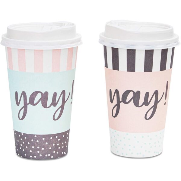 48-Pack Yay! Decorative Insulated Disposable Coffee Cups with Lids, 16oz Paper Hot Cup to Go for Birthday Party, Event Decorations