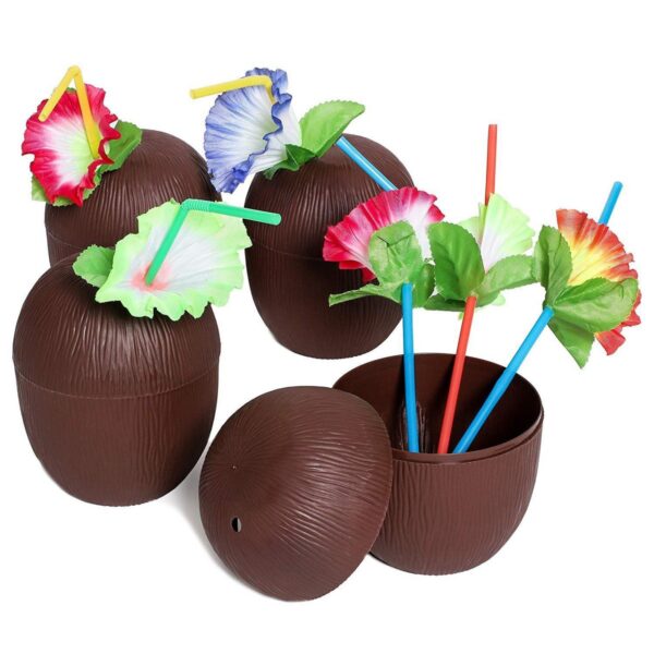 12-Pack Juvale Coconut Cups with Straws & Hawaiian Hibiscus Flower Decorate, 16oz Food Grade PVC Cup, Ideal for Tropical Luau Party Supplies