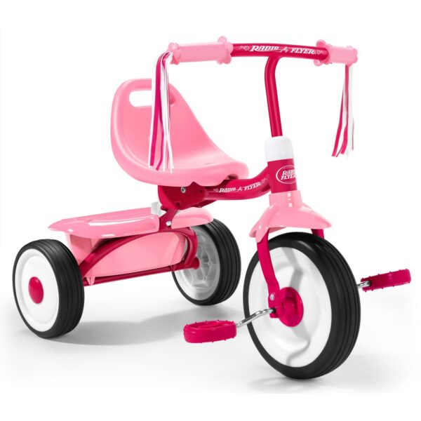 Radio Flyer 415PS Kids Readily Assembled Steel Framed Adjustable Beginner Fold 2 Go Trike with Spacious Storage Bin and Handle Streamers, Pink