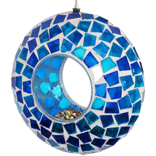 Sunnydaze Outdoor Garden Patio Round Glass with Mosaic Design Hanging Fly-Through Bird Feeder - 6"- Blue