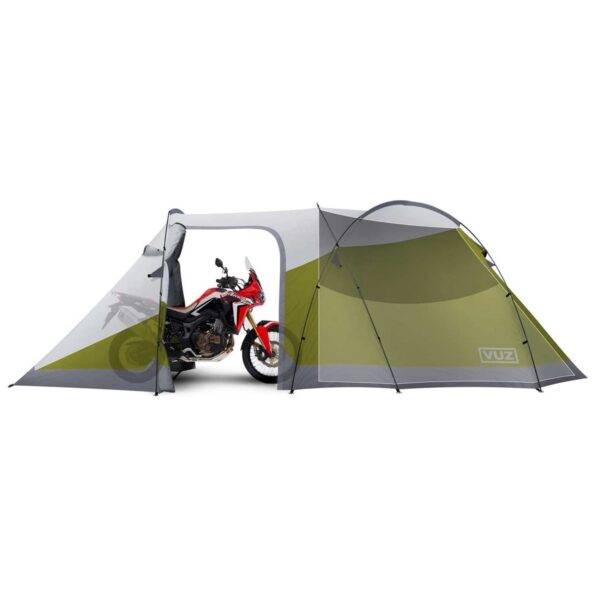 Vuz Moto VUZ-MT Waterproof 12-Foot 3-Person Camping Tent with Integrated Motorcycle Port, 4 Points of Entrance, Green and White