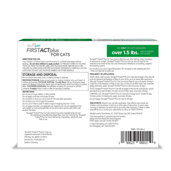 Tevra Pet FirstAct Plus Cat Insect Treatment - Over 1.5lbs - 3 Doses