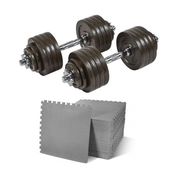 Sporzon! 105 Pound Adjustable Free Weight Dumbbell Set with Cast Iron Plates, and 1/2 Inch Floor Exercise Mat, 144 Sq Ft, Gray