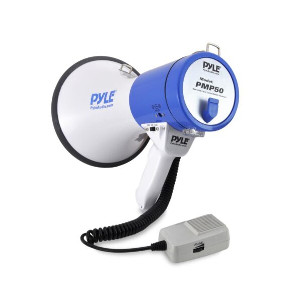 PylePro PMP50 50 Watt 1,200 Yard Sound Range Portable Bullhorn Megaphone Speaker with Built In MP3 Input Jack and Loud Siren Alarm, Blue