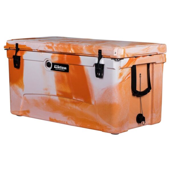 Elkton Outdoors 110 Quart Rotomolded Thermoplastic Heavy Duty Ice Chest Cooler with Built-In Bottle Opener Tabs and Integrated Fish Ruler, Orange