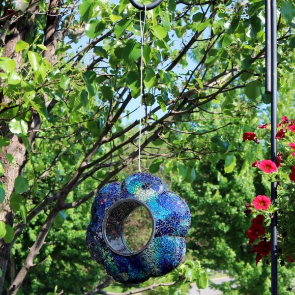 Sunnydaze Outdoor Garden Patio Glass Round Flower Shaped Hanging Fly-Through Bird Feeder - 9" - Indigo