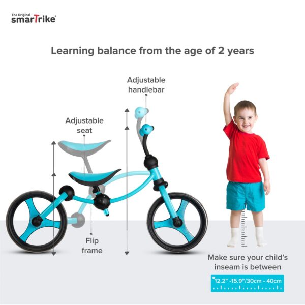 smarTrike Lightweight & Adjustable Kids Walking Running Balance 2 in 1 Learning Stages Training Bike w/ Puncture Free EVA Wheels for Ages 2 to 5, Blue