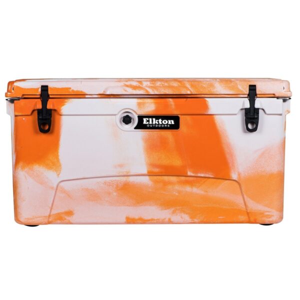Elkton Outdoors 110 Quart Rotomolded Thermoplastic Heavy Duty Ice Chest Cooler with Built-In Bottle Opener Tabs and Integrated Fish Ruler, Orange