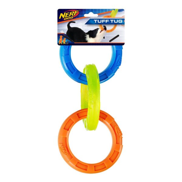 NERF TPR 3 Ring Tug Dog Toy - Blue/Green/Orange - 10.5"