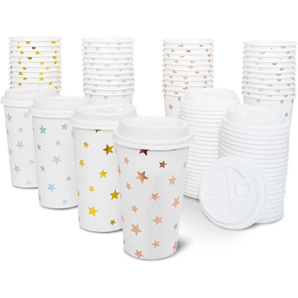 48-Pack Cute Foil Stars Insulated Disposable Coffee Cups with Lids, 16oz Paper Hot Cup to Go for Twinkle Little Star Baby Shower, Birthday, Events
