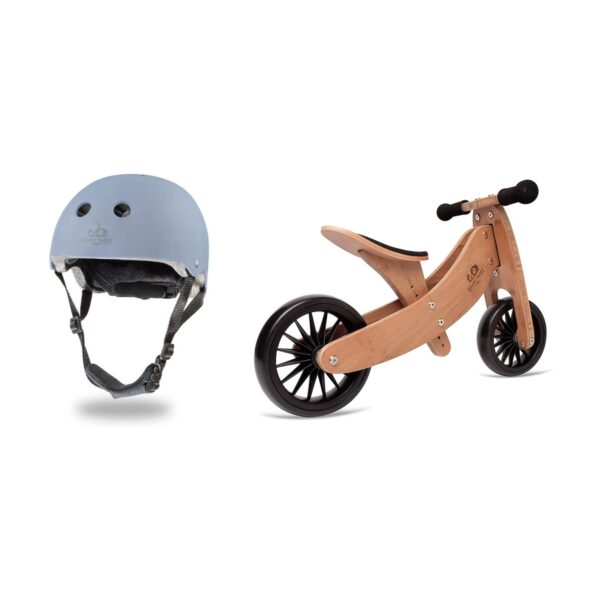 Kinderfeets Slate Blue Adjustable Toddler & Kids Bike Helmet Bundle with Kinderfeets Tiny Tot PLUS 2-in-1 Balance Bike Tricycle, Brown