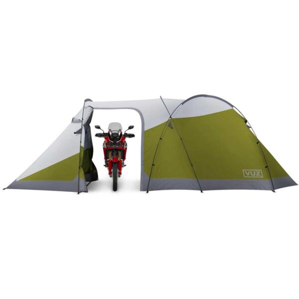 Vuz Moto VUZ-MT Waterproof 12-Foot 3-Person Camping Tent with Integrated Motorcycle Port, 4 Points of Entrance, Green and White