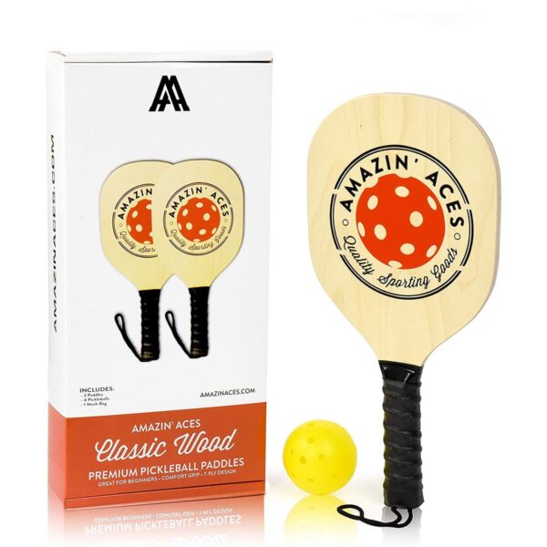 Amazin' Aces Wood Pickleball Set with 4 Wooden Padded Paddles, 4 Yellow Balls, and Carry Bag Great for Schools, Community Centers, and Athletic Clubs