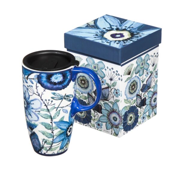 Evergreen Shades of Indigo Ceramic Latte Travel Cup w/Gift Box , 17 oz.