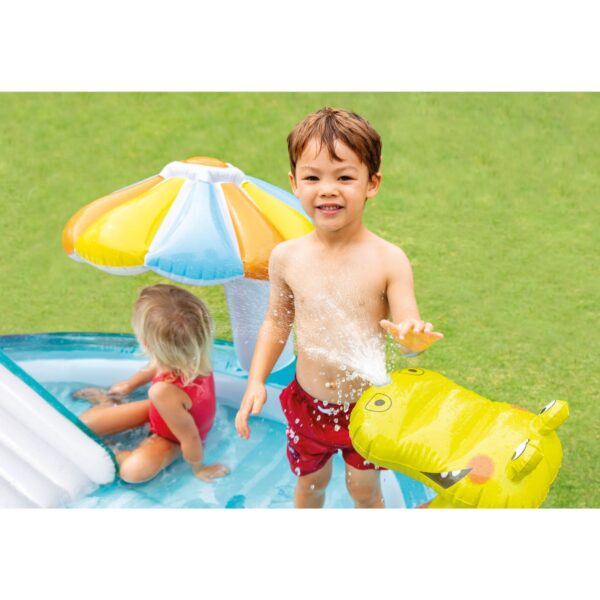 Intex 57165EP Gator 6.6ft x 5.6ft x 4in Outdoor Inflatable Kiddie Pool Water Play Center with Slide, for Toddlers Ages 2 and Up