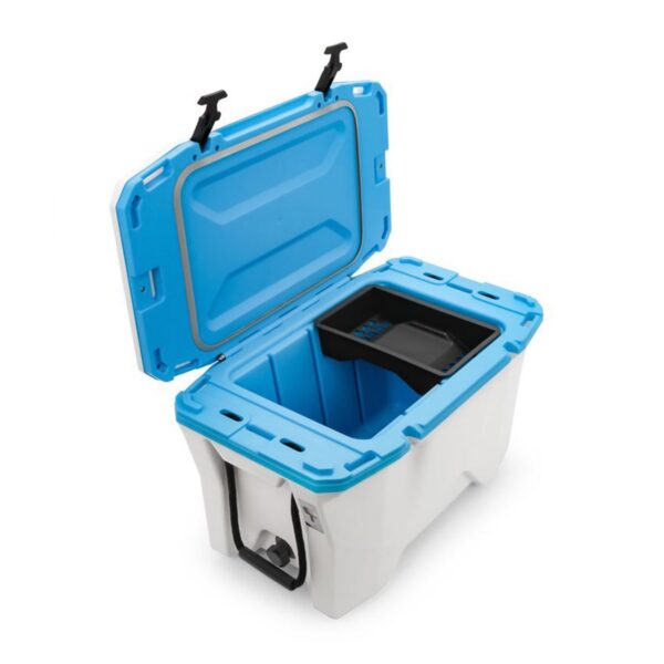 Camco Currituck Outdoor Ice Chest Cooler with Storage Tray and Bottle Opener for Camping, Hunting, Fishing, and Tailgating, 30 Quart, Cyan and White