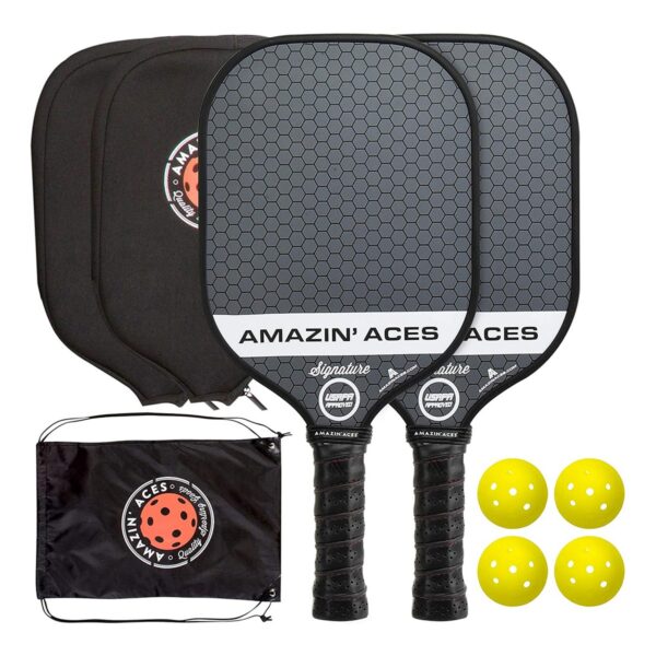 Amazin Aces Signature Pickleball Set with 2 Graphite Face Paddles, 4 Balls, Paddle Covers, and Carry Bag, Gray