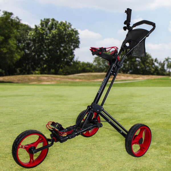 Northlight 48" Black and Red Easy Folding 3 Wheel Golf Bag Push Cart