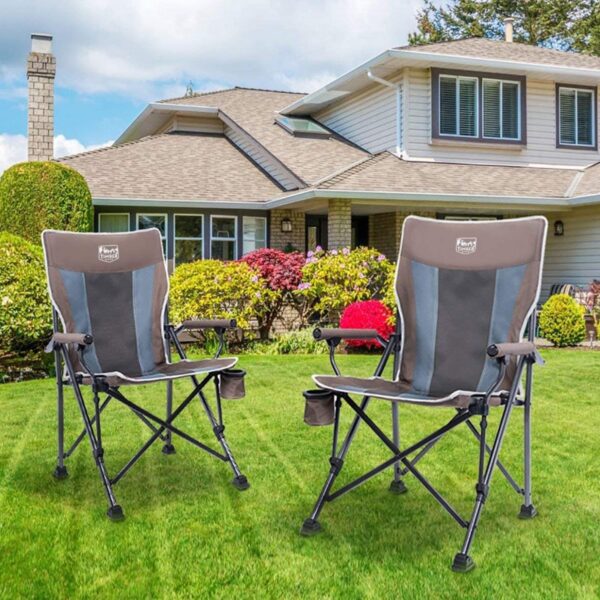 Timber Ridge Indoor Outdoor Portable Lightweight Folding Camping High Back Lounge Chair with Cup Holders, Earth (2 Pack)