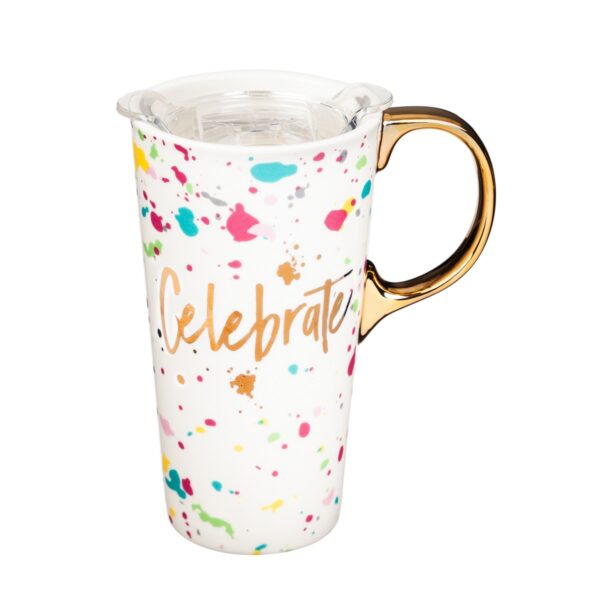 Evergreen Cypress Home Beautiful Celebrate Ceramic Travel Cup with Lid - 5 x 4 x 7 Inches Homegoods and Accessories for Every Space