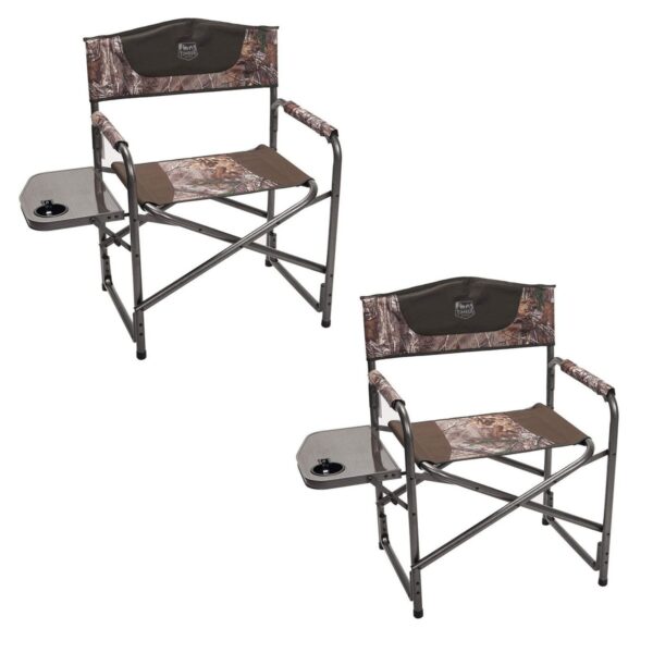 Timber Ridge Indoor Outdoor Portable Lightweight Aluminum Frame Folding Camping Directors Chair with Side Tables, Camo (2 Pack)