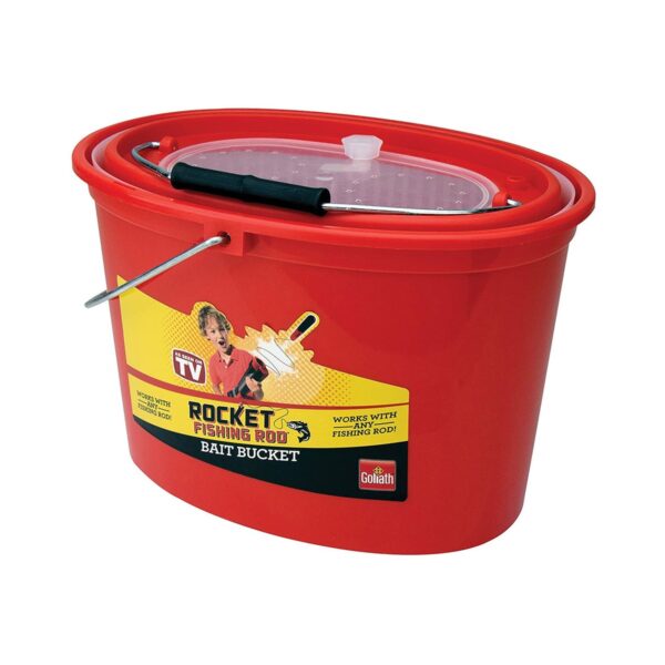 Goliath Durable Plastic Rocket Fishing Rod Bait Bucket with Ventilated Breathing Lid and Plenty of Room for Minnows, Fry, and Leeches, Red