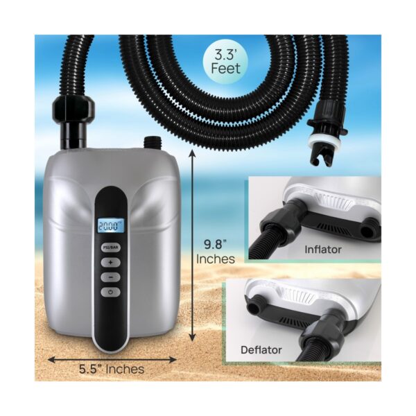SereneLife Portable Digital Electric Air Pump Inflator Compressor with Detachable Hose for Watersports, Pool Inflatables, and SUP Paddleboards, Silver
