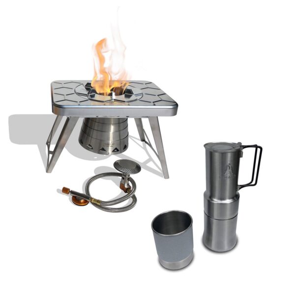 nCamp Portable Stainless Steel Outdoor Camping Stove and Gas Adapter Hose Bundle with Portable Stainless Steel Outdoor Camping Espresso Coffee Maker