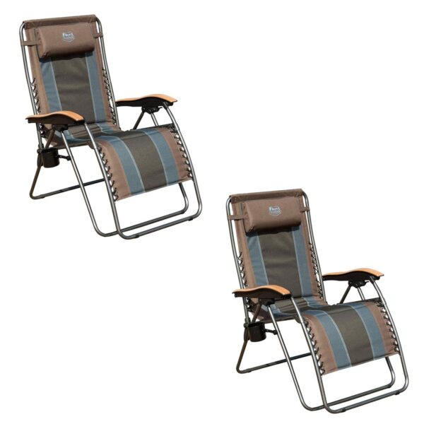 Timber Ridge Zero Gravity Oversized Outdoor Padded Stripe Folding Recliner Chair with Wood Armrests and Cup Holders (2 Pack)