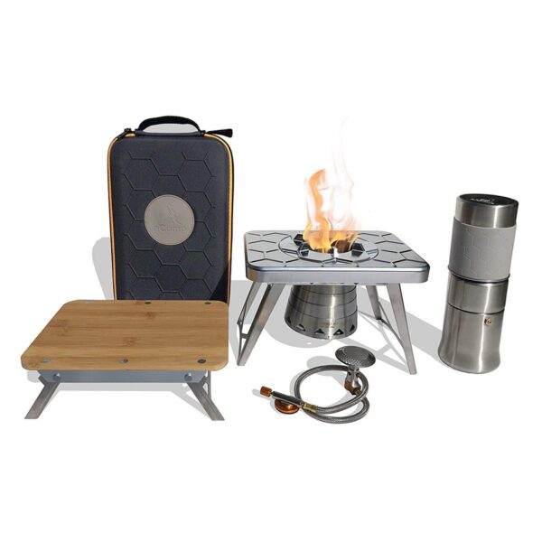 nCamp K2G Basic 5 Piece Compact Cooking Stove, Prep Surface Board, Cafe, and Case Outdoor Camping Set Bundle