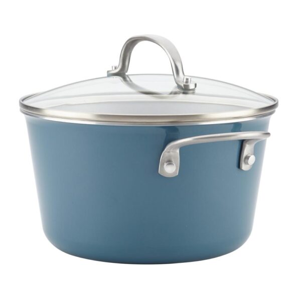 Ayesha Curry Home Collection 4.5 Qt. Twilight Teal Porcelain Enamel Non-Stick Covered Saucepot