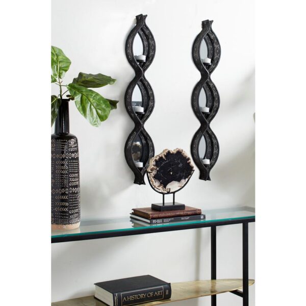 LITTON LANE Eclectic Ellipse-Shaped Black Mesh Metal Wall Sconces with Mirrors, Set of 2