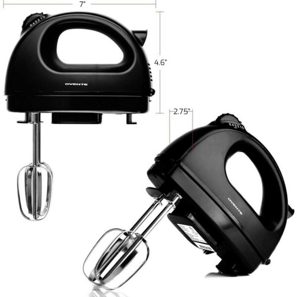 Ovente 5-Speed Hand Mixer Stainless Steel Chrome Beaters and Free Snap-On Case, 150W, Black