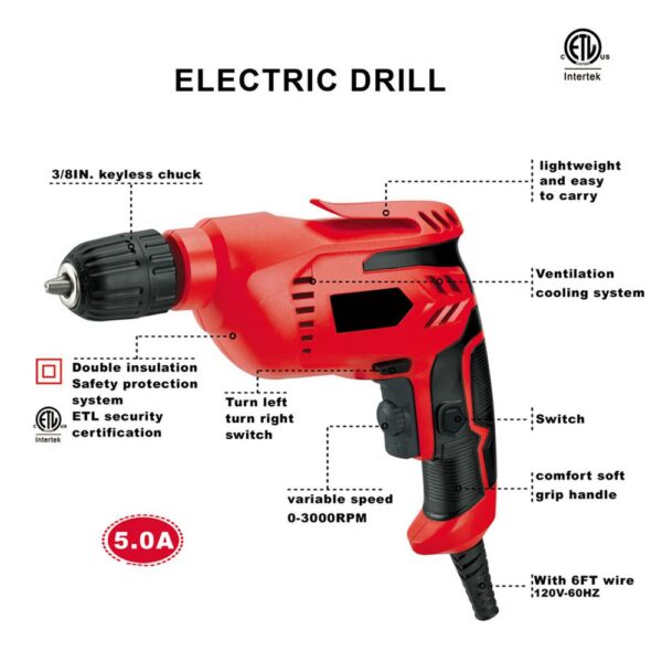Boyel Living 5 Amp Corded 3/8 in. Red Power Drill Driver Reversible with  Lock-on Button