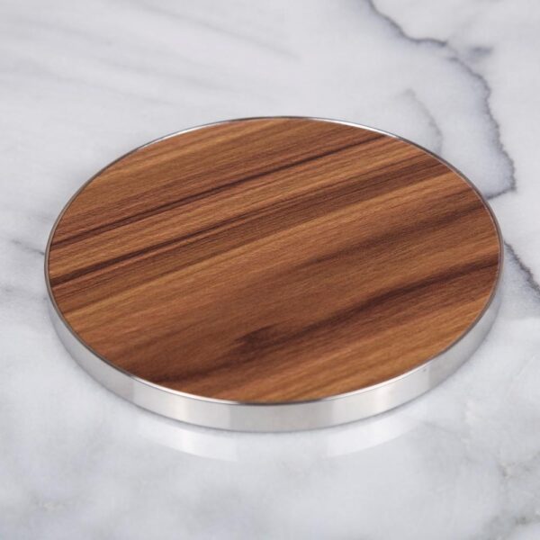 Creative Home Fiberboard 7" Diam. Round Trivet, Serving Board with Acacia Finish and Stainless Steel Trim